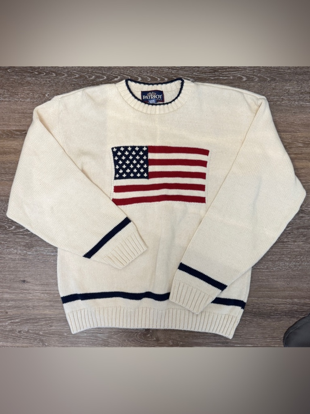 Vintage Patriot Brand Cream Crewneck Sweater with American Flag USA
